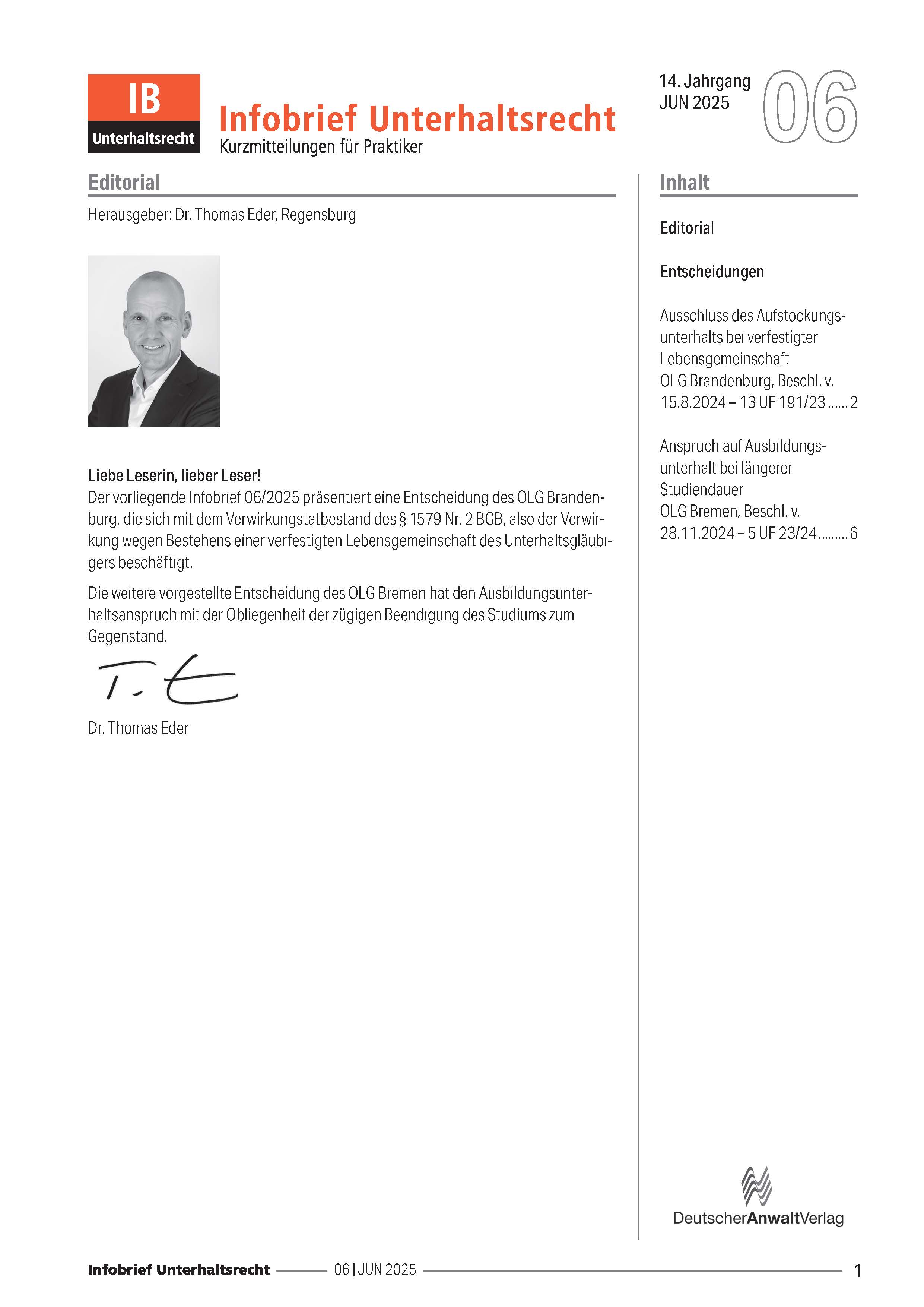 Infobrief Unterhaltsrecht